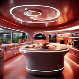 Generate an innovative and unique kitchen design never seen before, filled with futuristic appliances, an unconventional layout, and cutting-edge aesthetics.