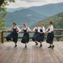 A group of clog dancers in traditional Appalachian attire, performing their rapid foot-tapping steps on a rustic wooden stage, framed by the serene landscape of the Appalachians in the background.