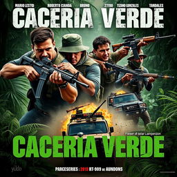 A dynamic poster for a fictional action series titled 'Cacería Verde', featuring four main characters: Mariano Castro (1973), Roberto Cianda (1977), Bruno Sanati (1980), and Tiziano Gonzales (1986)