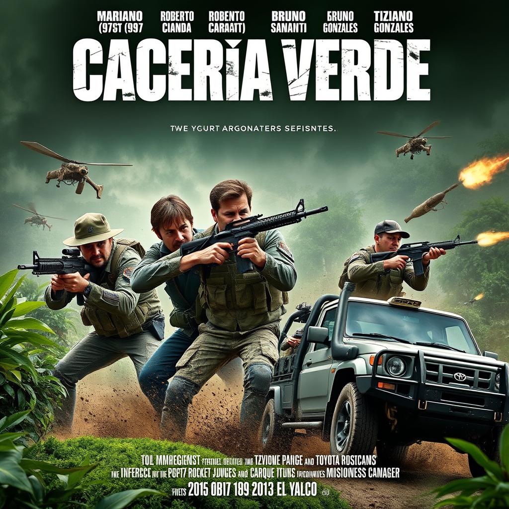 A dynamic poster for a fictional action series titled 'Cacería Verde', featuring four main characters: Mariano Castro (1973), Roberto Cianda (1977), Bruno Sanati (1980), and Tiziano Gonzales (1986)