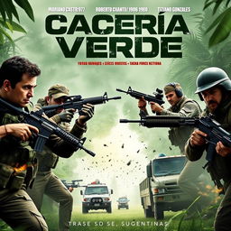 A dynamic poster for a fictional action series titled 'Cacería Verde', featuring four main characters: Mariano Castro (1973), Roberto Cianda (1977), Bruno Sanati (1980), and Tiziano Gonzales (1986)