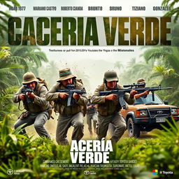 A dynamic poster for a fictional action series titled 'Cacería Verde', featuring four main characters: Mariano Castro (1973), Roberto Cianda (1977), Bruno Sanati (1980), and Tiziano Gonzales (1986)