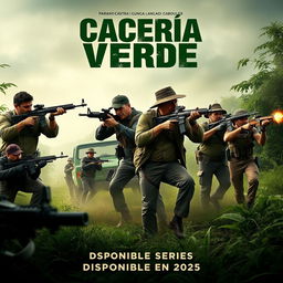 A captivating poster for the action series 'Cacería Verde', featuring the four main characters: Mariano Castro (1973), Roberto Cianda (1977), Bruno Sanati (1980), and Tiziano Gonzales (1986), actively shooting with Colt M4 rifles