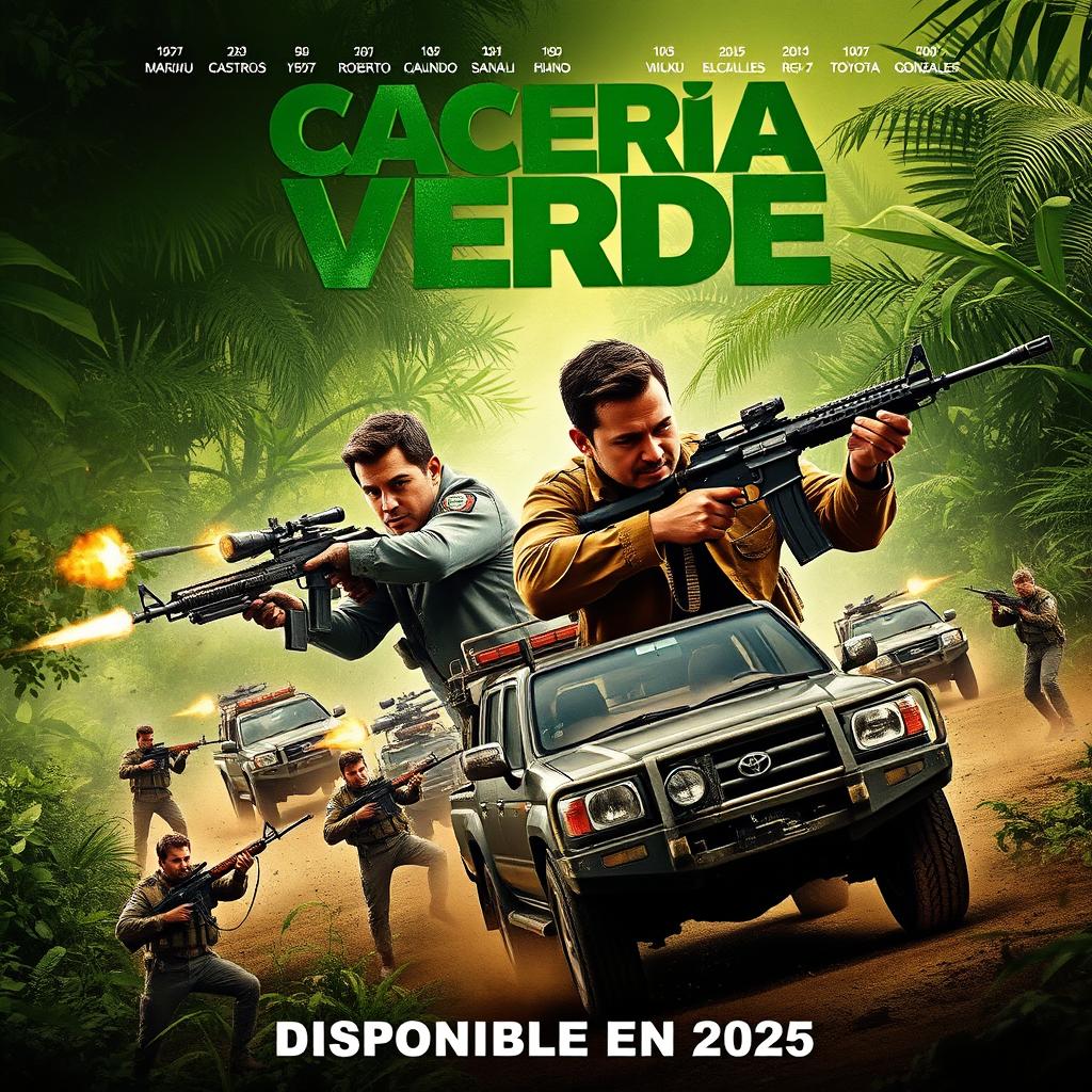 A captivating poster for the action series 'Cacería Verde', featuring the four main characters: Mariano Castro (1973), Roberto Cianda (1977), Bruno Sanati (1980), and Tiziano Gonzales (1986), actively shooting with Colt M4 rifles