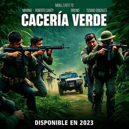 A captivating poster for the action series 'Cacería Verde', featuring the four main characters: Mariano Castro (1973), Roberto Cianda (1977), Bruno Sanati (1980), and Tiziano Gonzales (1986), actively shooting with Colt M4 rifles