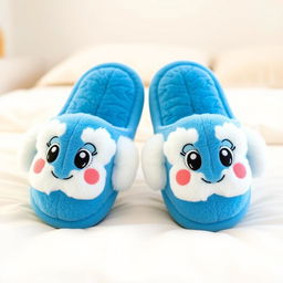 A pair of cartoon-style slippers designed in a vibrant blue and white color scheme