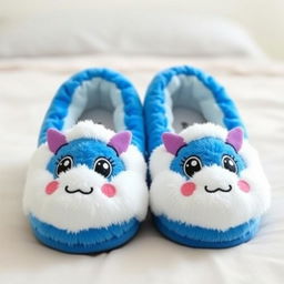 A pair of cartoon-style slippers designed in a vibrant blue and white color scheme