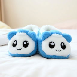 A pair of cartoon-style slippers designed in a vibrant blue and white color scheme