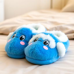 A pair of cartoon-style slippers designed in a vibrant blue and white color scheme