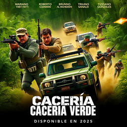 An action-packed poster for the series 'Cacería Verde', featuring the four main protagonists: Mariano Castro (1973), Roberto Cianda (1977), Bruno Sanati (1980), and Tiziano Gonzales (1986)