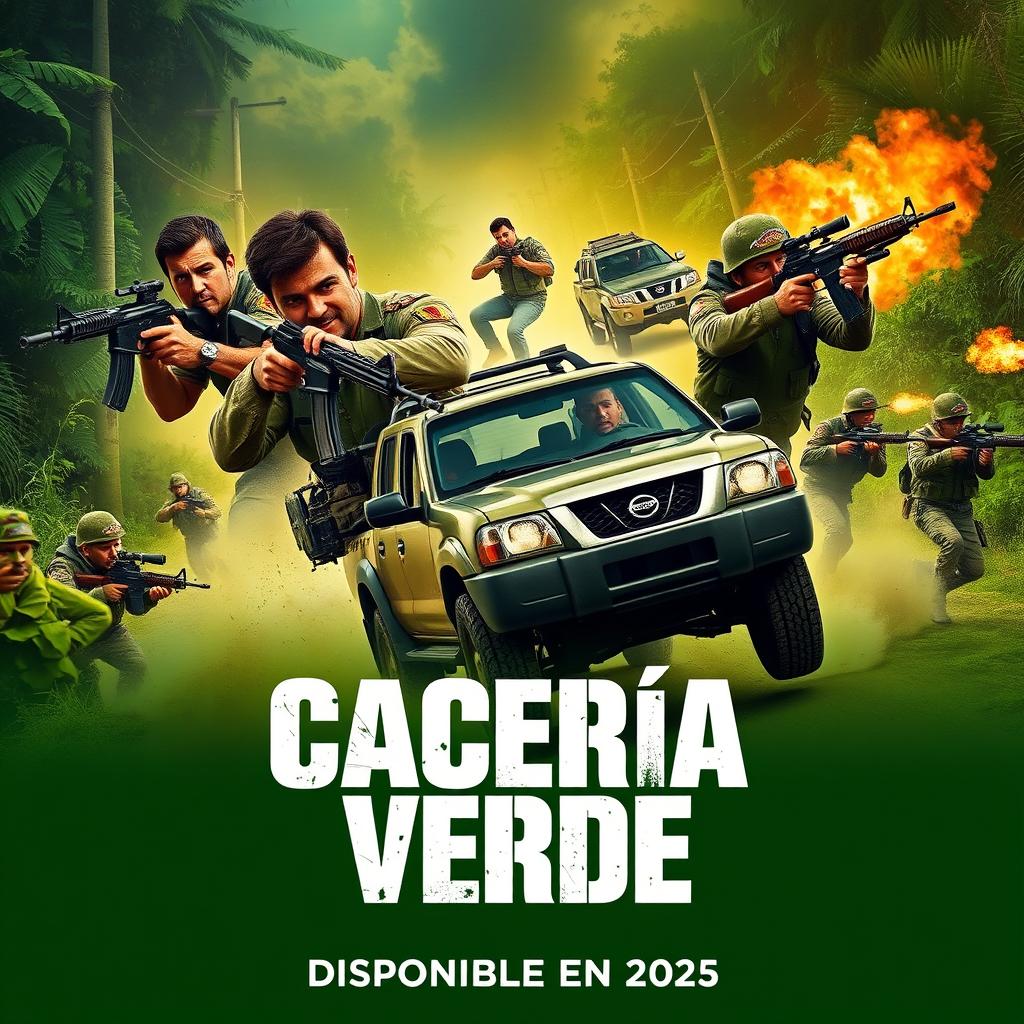 An action-packed poster for the series 'Cacería Verde', featuring the four main protagonists: Mariano Castro (1973), Roberto Cianda (1977), Bruno Sanati (1980), and Tiziano Gonzales (1986)