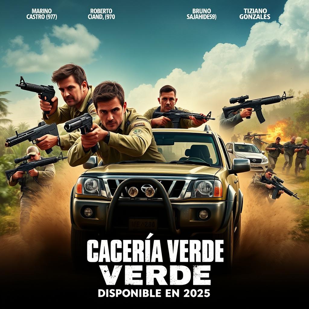 An action-packed poster for the series 'Cacería Verde', featuring the four main protagonists: Mariano Castro (1973), Roberto Cianda (1977), Bruno Sanati (1980), and Tiziano Gonzales (1986)