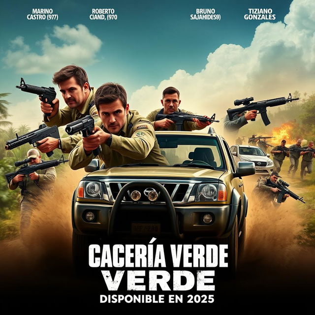 An action-packed poster for the series 'Cacería Verde', featuring the four main protagonists: Mariano Castro (1973), Roberto Cianda (1977), Bruno Sanati (1980), and Tiziano Gonzales (1986)