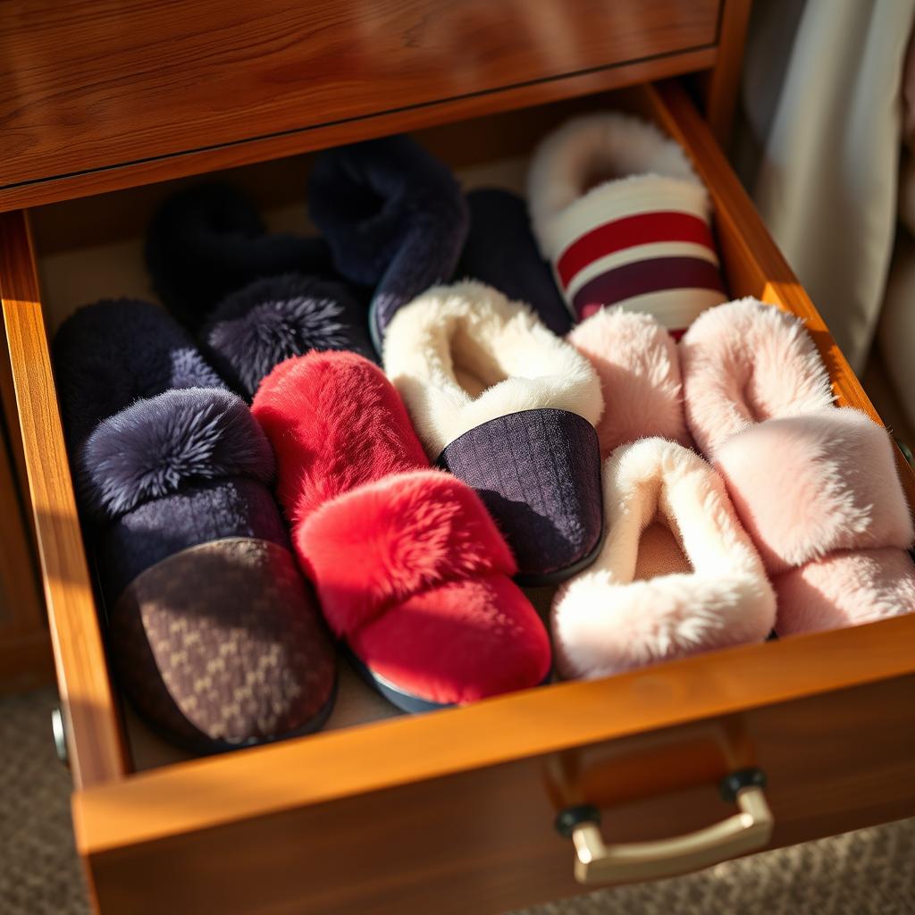 A beautifully arranged drawer showcasing a variety of luxurious slippers