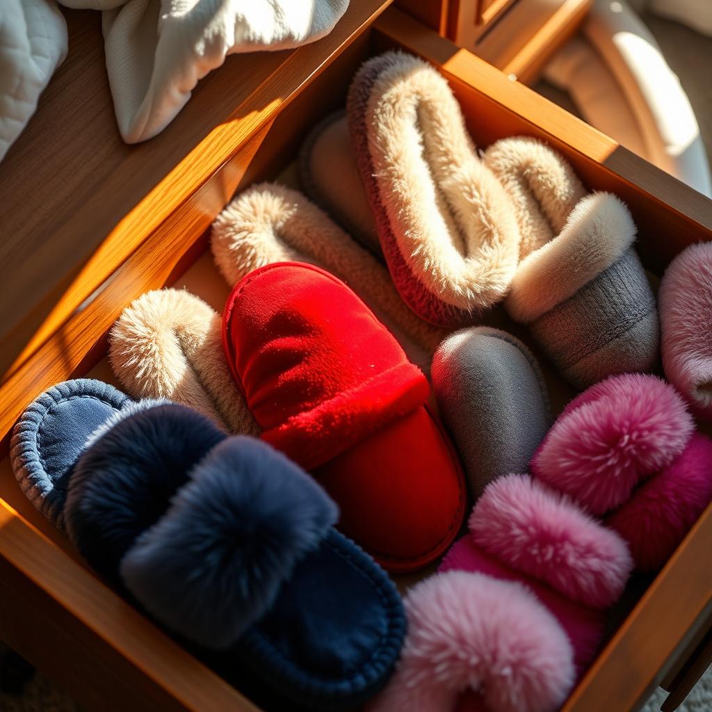 A beautifully arranged drawer showcasing a variety of luxurious slippers