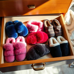 A beautifully arranged drawer showcasing a variety of luxurious slippers