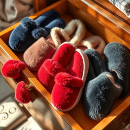 A beautifully arranged drawer showcasing a variety of luxurious slippers