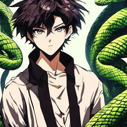 A distinct portrait of an anime boy, his physical attributes echoing characteristics of a viper. His eyes and hair showcase a striking snake-like appearance and he emanates a mysterious aura, keeping with the vibes of exotic danger and allure.