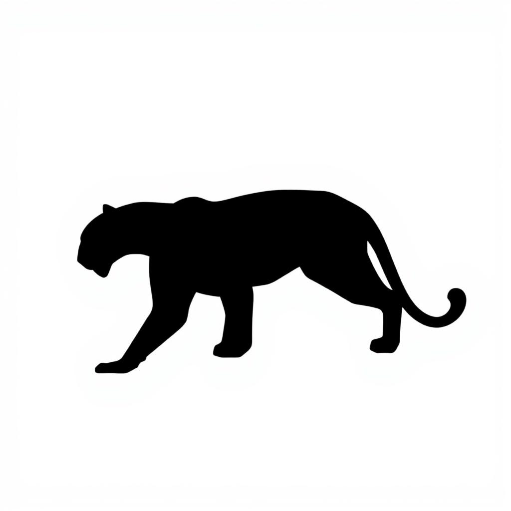 A silhouette of a jaguar in stealth mode, depicted in full body profile, entirely in solid black color against a stark white background