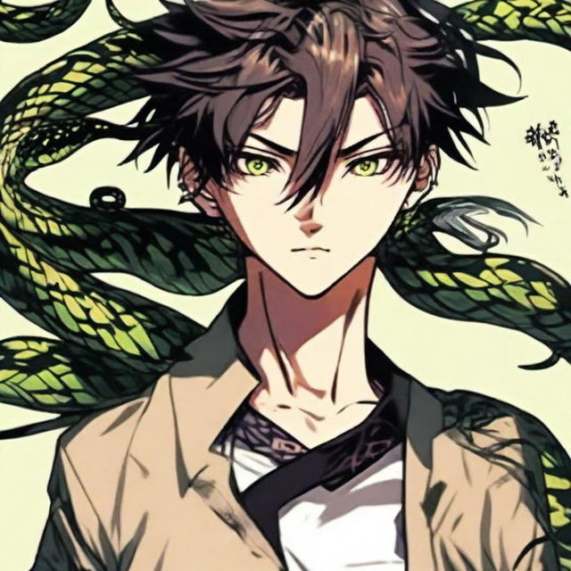 A distinct portrait of an anime boy, his physical attributes echoing characteristics of a viper. His eyes and hair showcase a striking snake-like appearance and he emanates a mysterious aura, keeping with the vibes of exotic danger and allure.