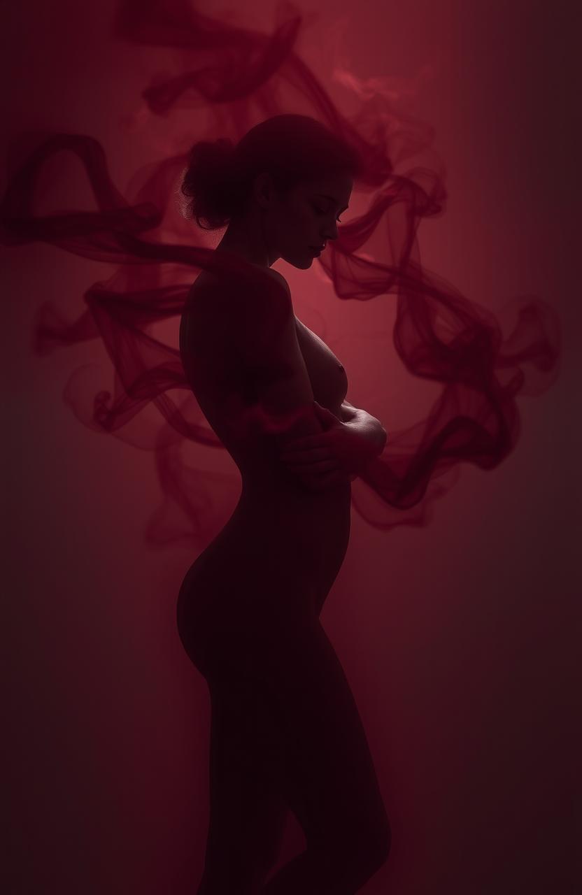 A captivating black and white image featuring a feminine figure enveloped in swirling maroon smoke