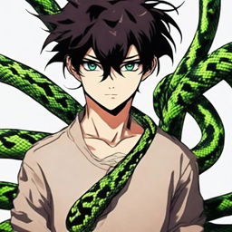 A distinct portrait of an anime boy, his physical attributes echoing characteristics of a viper. His eyes and hair showcase a striking snake-like appearance and he emanates a mysterious aura, keeping with the vibes of exotic danger and allure.