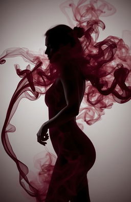 A captivating black and white image featuring a feminine figure enveloped in swirling maroon smoke