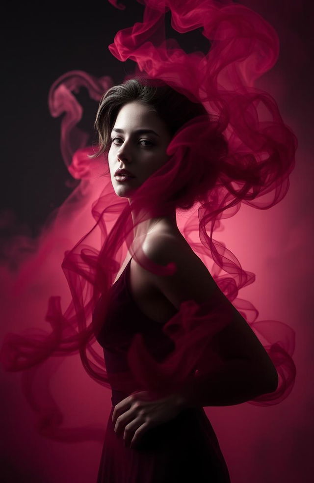 A captivating black and white image featuring a feminine figure enveloped in swirling maroon smoke