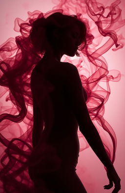 A captivating black and white image featuring a feminine figure enveloped in swirling maroon smoke