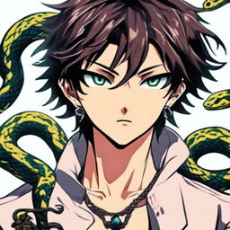 A distinct portrait of an anime boy, his physical attributes echoing characteristics of a viper. His eyes and hair showcase a striking snake-like appearance and he emanates a mysterious aura, keeping with the vibes of exotic danger and allure.