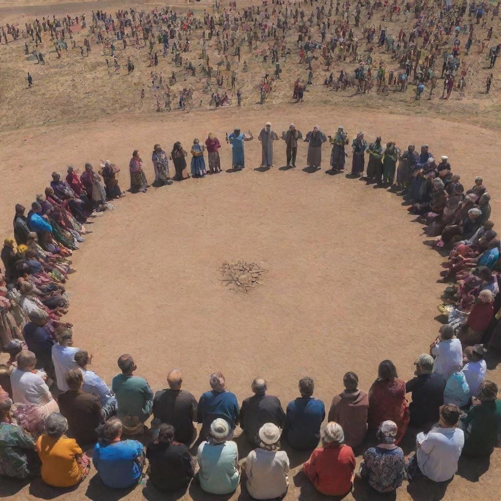 A heartfelt representation showing a community of people gathered together in communal prayer, expressing their gratitude for the end of the drought, with the backdrop of a recovering and vibrant Earth