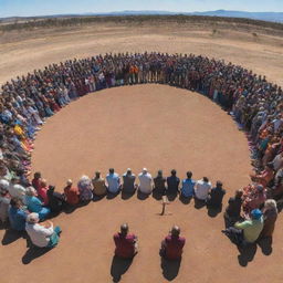 A heartfelt representation showing a community of people gathered together in communal prayer, expressing their gratitude for the end of the drought, with the backdrop of a recovering and vibrant Earth