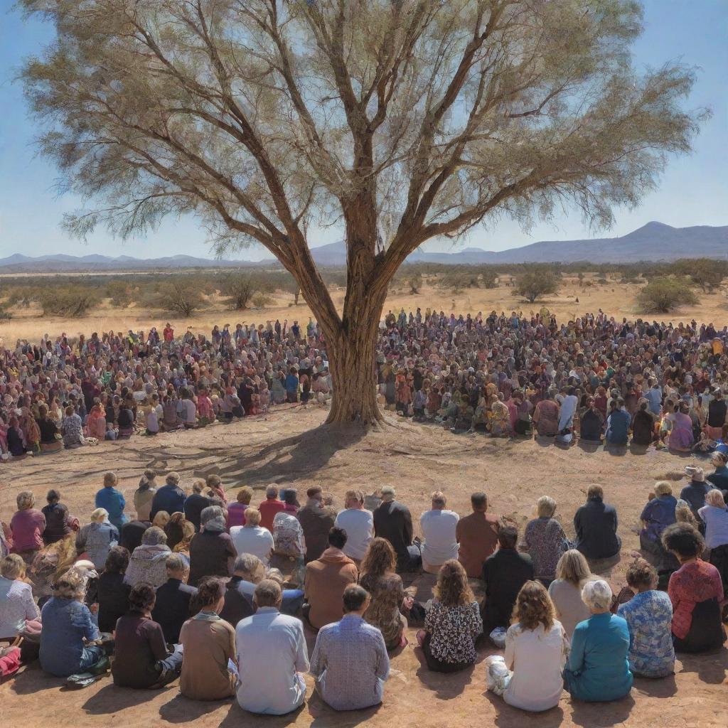 A heartfelt representation showing a community of people gathered together in communal prayer, expressing their gratitude for the end of the drought, with the backdrop of a recovering and vibrant Earth