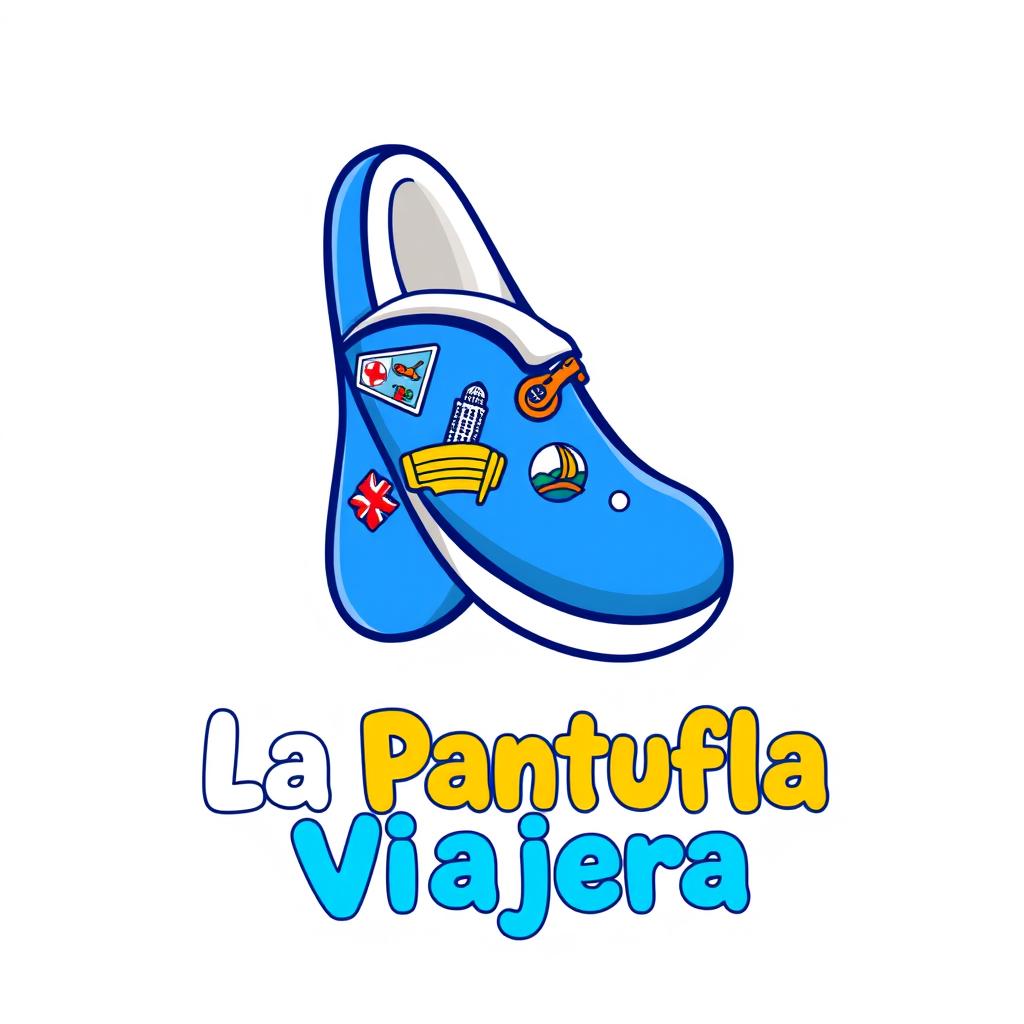 A vibrant logo design for a travel agency named 'La Pantufla Viajera' featuring a large, cartoon-style slipper as the central element