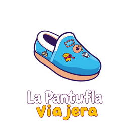 A vibrant logo design for a travel agency named 'La Pantufla Viajera' featuring a large, cartoon-style slipper as the central element