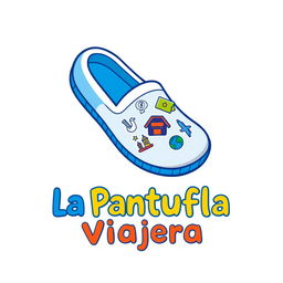 A vibrant logo design for a travel agency named 'La Pantufla Viajera' featuring a large, cartoon-style slipper as the central element