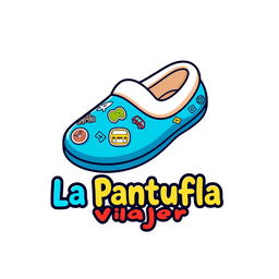 A vibrant logo design for a travel agency named 'La Pantufla Viajera' featuring a large, cartoon-style slipper as the central element