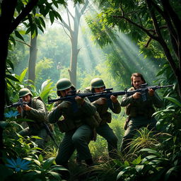 A dynamic and intense scene depicting four Argentine soldiers in a lush jungle, engaging in an action-packed firefight against insurgents hidden among dense foliage