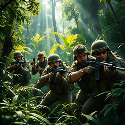 A dynamic and intense scene depicting four Argentine soldiers in a lush jungle, engaging in an action-packed firefight against insurgents hidden among dense foliage