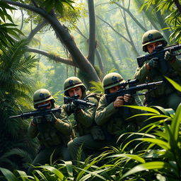 A dynamic and intense scene depicting four Argentine soldiers in a lush jungle, engaging in an action-packed firefight against insurgents hidden among dense foliage