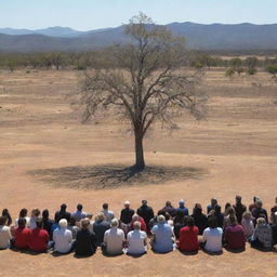 A heartfelt representation showing a community of people gathered together in communal prayer, expressing their gratitude for the end of the drought, with the backdrop of a recovering and vibrant Earth