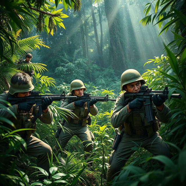 A dynamic and intense scene depicting four Argentine soldiers in a lush jungle, engaging in an action-packed firefight against insurgents hidden among dense foliage