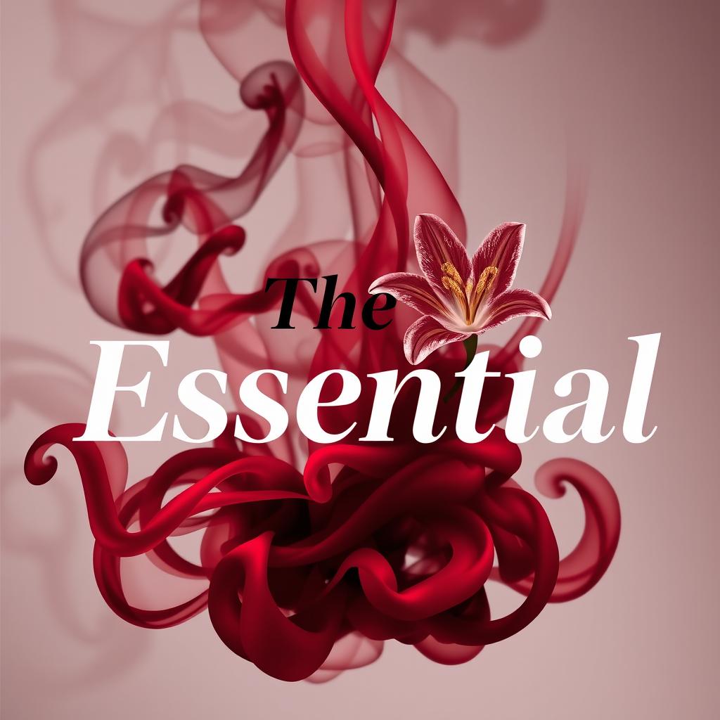 A visually striking design featuring maroon smoke swirling through the air with black text that reads "The Essential" overlaying it