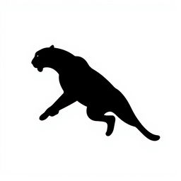 A silhouette of a jumping jaguar, depicted in full body profile, entirely in solid black color against a stark white background