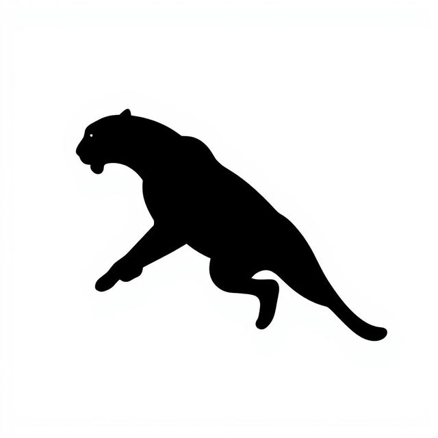 A silhouette of a jumping jaguar, depicted in full body profile, entirely in solid black color against a stark white background