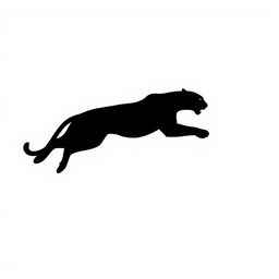 A silhouette of a jumping jaguar, depicted in full body profile, entirely in solid black color against a stark white background