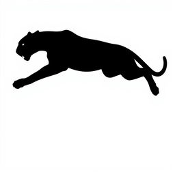 A silhouette of a jumping jaguar, depicted in full body profile, entirely in solid black color against a stark white background