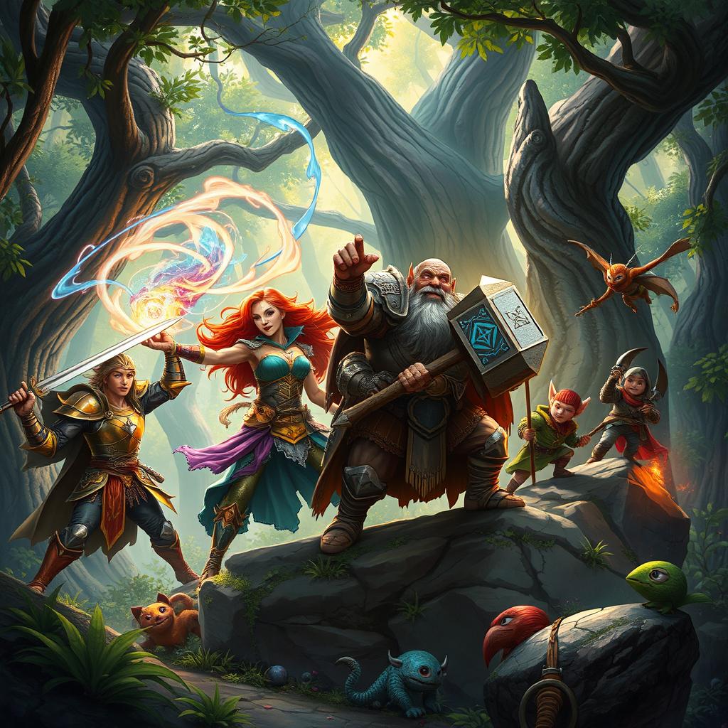 A dynamic and vivid Dungeons and Dragons scene featuring a diverse group of adventurers - a human warrior in shining armor wielding a sword, a half-elf sorceress casting a spell with vibrant magical energy swirling around her, a stout dwarf cleric holding a glowing warhammer, and a stealthy halfling rogue perched atop a rock ready to ambush