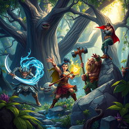 A dynamic and vivid Dungeons and Dragons scene featuring a diverse group of adventurers - a human warrior in shining armor wielding a sword, a half-elf sorceress casting a spell with vibrant magical energy swirling around her, a stout dwarf cleric holding a glowing warhammer, and a stealthy halfling rogue perched atop a rock ready to ambush