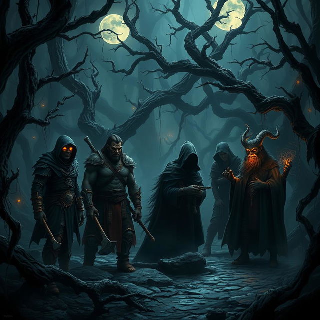 A captivating dark fantasy Dungeons and Dragons scene depicting a mysterious and ominous atmosphere